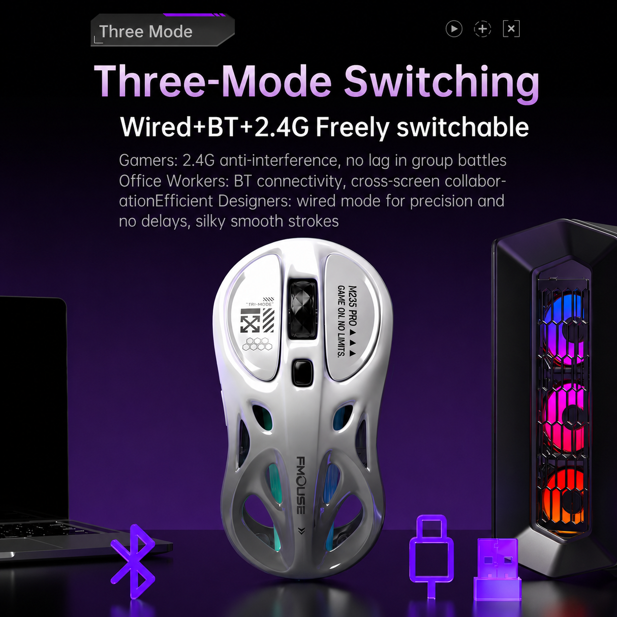 Three connection modes: wired, Bluetooth and 2.4G